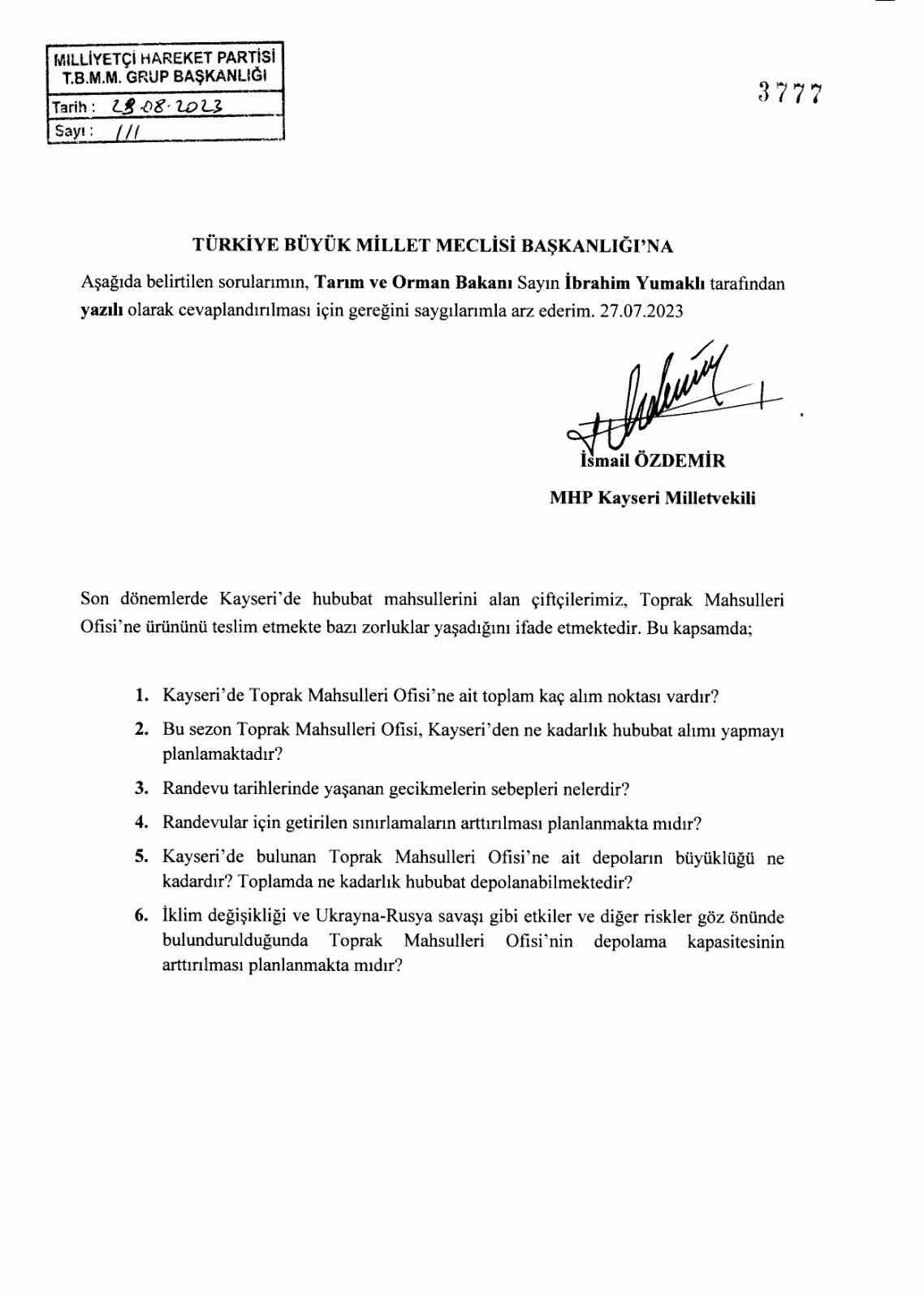 MHP’li Özdemir çiftçilerin sorunlarını sordu, bakanlık yanıtladı