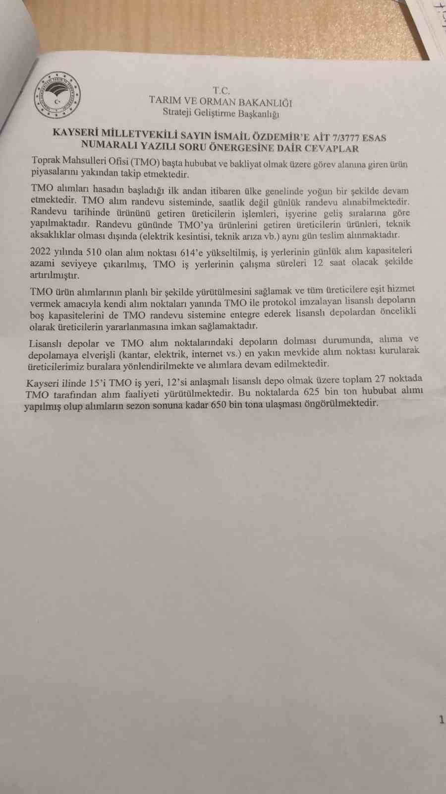MHP’li Özdemir çiftçilerin sorunlarını sordu, bakanlık yanıtladı